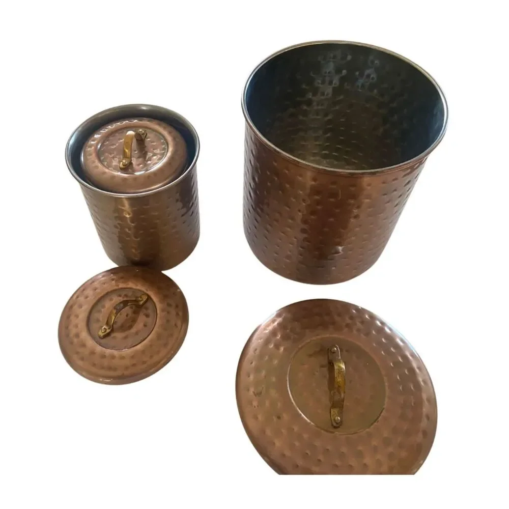 Hammered Copper Nesting Canister Set 3 Brass Handles Stainless India